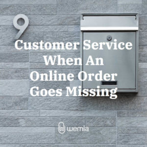 Grey stone wall, minimalist number 9, sleek metal mailbox, title "Customer Service When An Online Order Goes Missing", Wemla paperclip logo