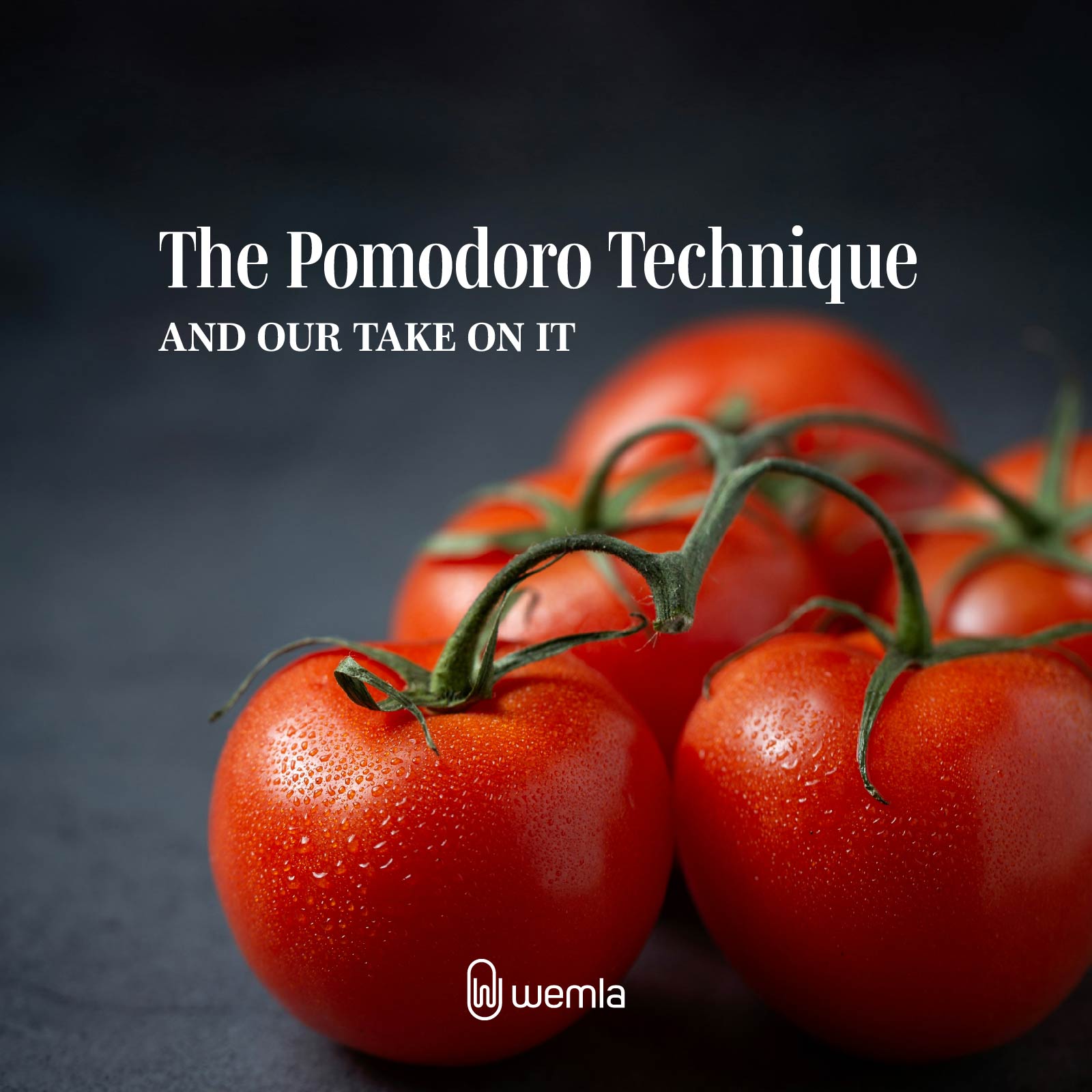Five red tomatoes on a dark grey table and text The pomodoro technique and our take on it