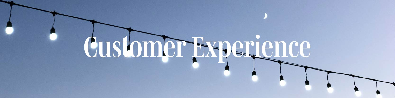 String of outdoor lights against moonlit nightsky and text Customer Experience