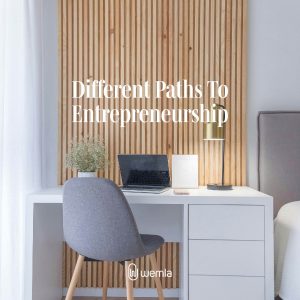 Laptop and lamp on desk with chair next to bed and text Different paths to entrepreneurship